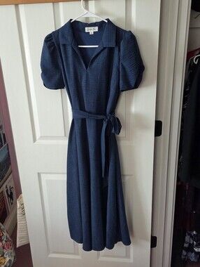 Harper Rose Navy Puff Sleeve Midi Dress with Tie